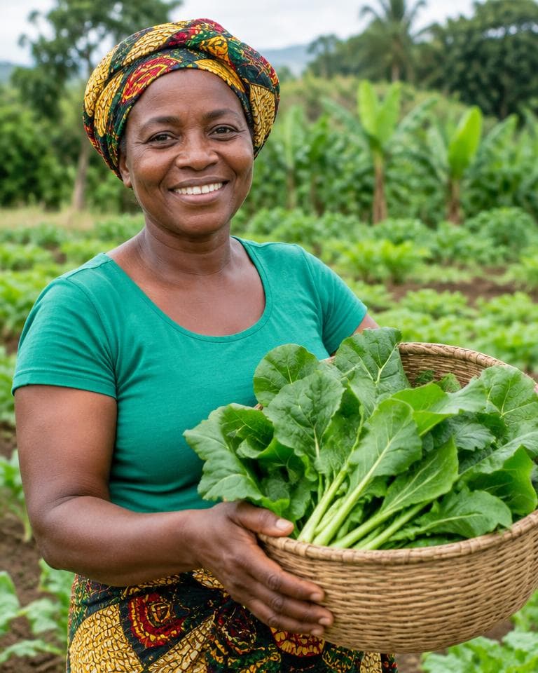 A farmer holding a basket of harvested vegetables